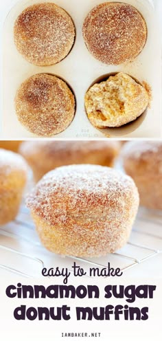 cinnamon sugar donut muffins on a cooling rack with the words, easy to make cinnamon sugar donut muffins