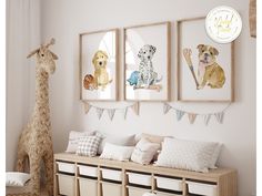 three framed pictures hang on the wall above a wooden bench with storage bins underneath