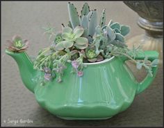 a green tea pot filled with succulents on top of a table