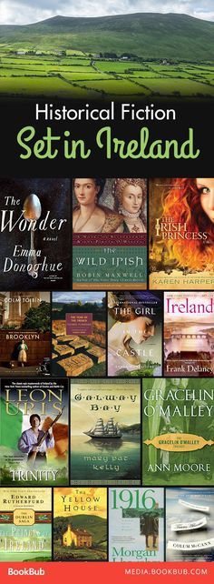 the cover of historical fiction set in ireland, with an image of many different books