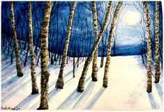 watercolor painting of trees in the snow at night