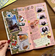 an open scrapbook with pictures and stickers on the pages that are filled with photos