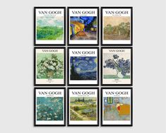 nine van gogh paintings are shown in black and white, with the words van gogh on them