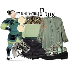 a woman in green shirt and black shorts next to items from disney's the princess and the frog