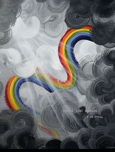 an abstract painting with rainbows and clouds in the background