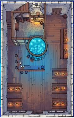 an overhead view of a bathroom with blue lights