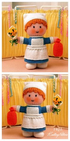 two pictures of a knitted doll with orange hair and white dress holding a carrot