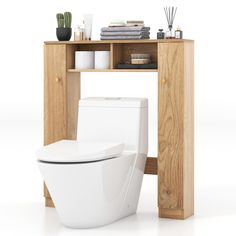 a white toilet sitting next to a wooden shelf