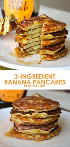 pancakes stacked on top of each other with syrup in the background and text overlay reading 3 - ing redent banana pancakes