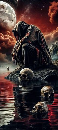 a man sitting on top of a pile of skulls in the water next to a full moon