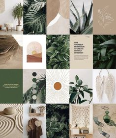 a collage of green plants and other things with the words, interior prints on them