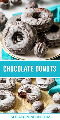 chocolate donuts on a white plate with blue napkins in the background and text overlay