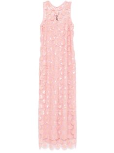 pink recycled polyester mesh design sleeveless long length concealed rear hook and zip fastening round neck sequin embellishment central rear vent scallop hem internal slip dress Rotate Birger Christensen, Sequin Embellishment, Birger Christensen, Scallop Hem, Sequin Maxi Dress, Sequin Maxi, City Dress, Upcycled Materials, Sleeve Maxi Dress