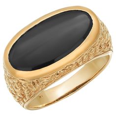 Add a touch of vintage elegance to your collection with this stunning men's ring. Expertly crafted from 14k yellow gold, this exquisite piece features a bezel-set black onyx cabochon, perfectly sized at 9mm x 18mm. The rich, deep black of the onyx is beautifully complemented by the warm glow of the gold. Key Features: Material: 14k Yellow Gold Gemstone: Black Onyx Cabochon Gemstone Size: 9mm x 18mm Ring Size: 8 Ring Face Width: 11.7mm Total Weight: 10.4 grams Design: Textured Shank Markings: Sta Ruby Solitaire Ring, Gemstone Solitaire Ring, Sapphire Solitaire Ring, Vintage Styling, Gold Key, Gold Solitaire Ring, Contemporary Ring, Vintage Elegance, Black Onyx Ring