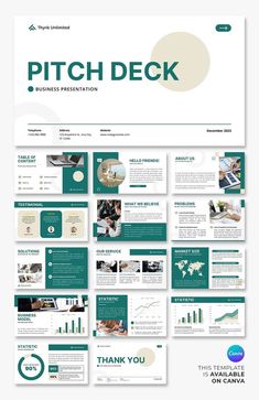 the pitch deck presentation is displayed in green and white