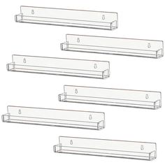 four clear plastic shelfs are shown in three different positions, one for each shelf