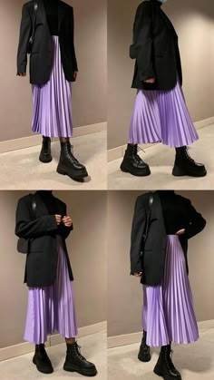 Purple Skirt Winter Outfit, Purple Skirt Outfit Aesthetic, Purple Skirt Outfit Winter, Long Purple Skirt Outfit, Plisse Skirt Outfit, Pleated Skirt Styling, Purple Skirt Outfit, Elegante Casual, Street Style Winter