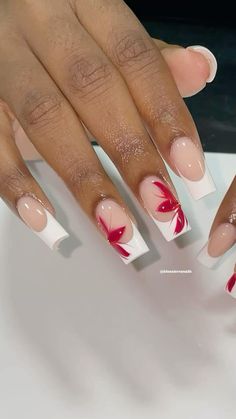 Summer Nail Inspo Square, Red Floral Nails, French Tip Nails Red, Floral Nails Summer, French Tip Acrylic Nails Square, Nail Inspo Square, Cute Nails Pink, Acrylic Nails French Tip, Nails Pink Acrylic