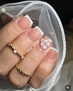 X Short Acrylic Nails, Cute Acrylic Overlay Nails, Square French Tip Acrylic Nails With Flowers, Shorties Nails French Tip, Short Acrylic Nails Designs 3d Flower, 3d Flower Nails Acrylics Short, Short Acrylic Nails With 3d Flowers, Short Square Acrylic Nails 3d Flowers, Pink Tip Nails