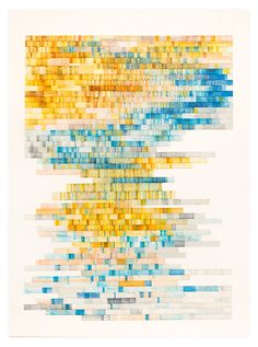 an abstract painting made up of many different colored squares and lines in white, yellow, blue, and orange