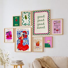 a living room filled with lots of framed pictures on the wall next to a couch