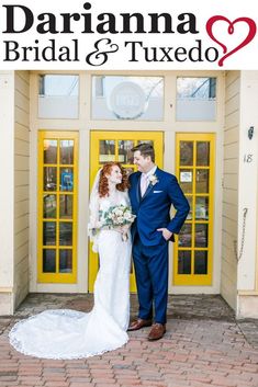 a bride and groom standing in front of a yellow door with the words darganna bridal & tuxedo on it