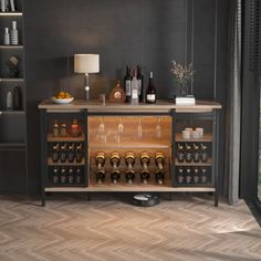 a wine rack with bottles and glasses on it in a room next to a window