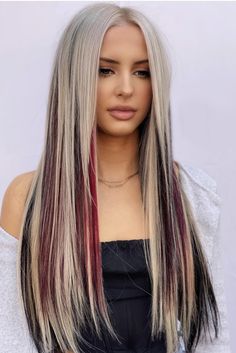 Cute Ways To Dye Blonde Hair, Blonde With Colored Extensions, Work Friendly Hair Color, Blonde With Black And Pink Highlights, Platinum Blonde With Color Peekaboo, Blonde On Too Dark Underneath, Winter 2023 Blonde Hair Trends, Black Pink And Blonde Hair, Black Red Blonde Hair