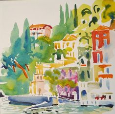 a watercolor painting of buildings and trees on the side of a body of water