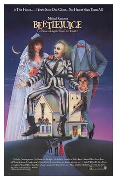 a movie poster for beetlejuice starring actors from left to right jack skellingon, michael j fox, tim burton