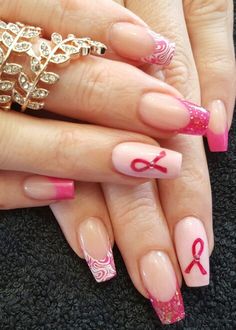 Pink Nails October, October Breast Awareness Month Nails, Pink Breast Awareness Nails, Pink Breast Awareness Nails Design, Pink October Nails, Nails October, Botanic Nails