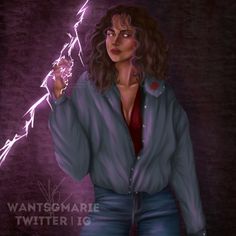 a digital painting of a woman holding a lightning bolt in her right hand and looking at the camera