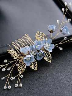 1pc Women Rhinestone & Flower Decor Fashionable Hair Comb, For Decoration Boho Baby Blue Boho   Zinc Alloy     Wedding & Event, size features are:Bust: ,Length: ,Sleeve Length: Boho Tiara, Bride Hair Pins, Floral Veil, Bridal Headwear, Pearl Shop, Flower Hair Comb, Rhinestone Flower, Boho Bridal, Flower Decor