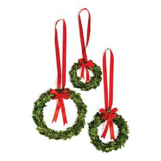 two christmas wreaths hanging from red ribbon