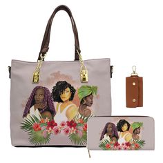 Natural Beauties Handbag Set Handbag 14" x 11" x 4" Wallet 4" x 7.75" x 0.75" Key holder 2.5" x 4.5" Afrocentric Accessories, Black Figurines, Key Holder, Large Black, Art Gift, African American, Natural Beauty, Gift Card, Key