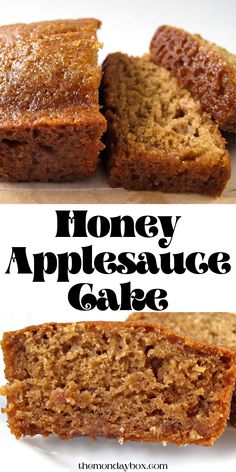 On top sliced, shiny brown loaf. On bottom slice closeup of moist Honey Applesauce Cake. Honey Applesauce Muffins, Baked Goods With Applesauce, Apple Honey Bread, Honey Loaf Bread, Dessert Bread Loaf Recipes, Breakfast Loafs, Pantry Baking Recipes, Honey Apple Cake, Baking Recipes With Honey