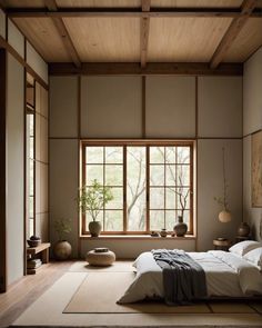 a bed sitting in a bedroom next to a window