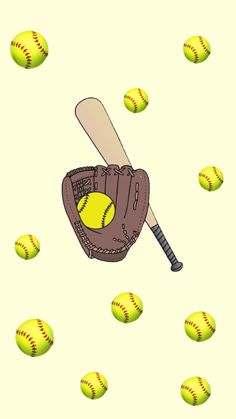 a baseball glove with a yellow ball in the air and many other balls around it