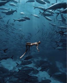 a woman swimming in the ocean surrounded by fish