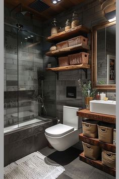 a bathroom with a toilet, sink and bathtub next to a shower stall filled with baskets