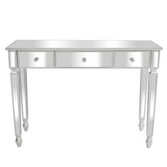 a mirrored console table with three drawers on one side and two small drawers on the other