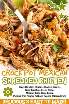 the flyer for crock pot mexican shredded chicken is shown in green and orange colors