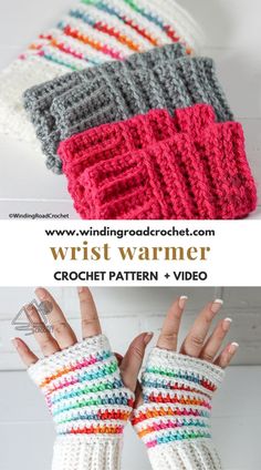 crochet fingerless gloves with text overlay that reads, wrist warmer crochet pattern + video