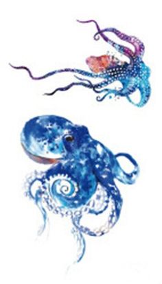 two blue and purple octopus paintings on white paper