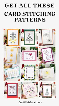 some cards with different designs on them and the words get all these card stitching patterns