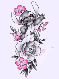 a drawing of a baby elephant surrounded by flowers