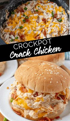 the crockpot chicken sandwich is ready to be eaten and served on a plate