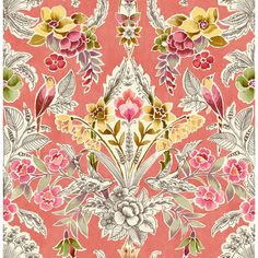 a pink and yellow floral wallpaper with white flowers on the bottom, in an ornate pattern