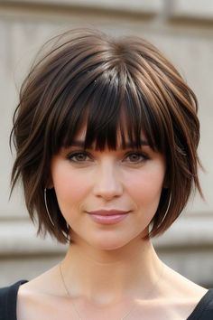 28+ Bangs Hairstyles Short Hair 24 Angled Bangs Short Hair, Bob Hairstyle With Bangs Women, Short Brown Bob With Bangs, Short Length Hair With Layers And Bangs, Graduated Bob With Bangs, Bob Cut With Bangs Round Face, Short Bob With Bangs Round Face, Short Hair Bob With Bangs, Short Haircuts With Bangs And Layers