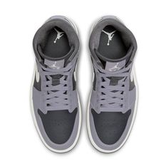 BQ6472-022 Air Jordan 1 Mid Women, Air Jordan 1 Women, Ugg Slides, Womens Air Jordans, Jordans Women, Cement Gray, Grey Shoes, Black Edition, Air Jordan 1 Mid